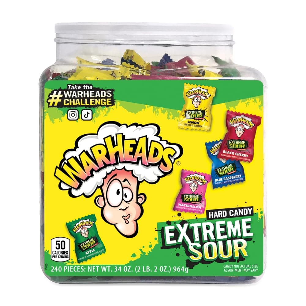 Extreme Sour Hard Candy - Sour Apple, Black Cherry, Blue Raspberry, Lemon & Watermelon Flavors, Great For Parades - 34 oz. Tub