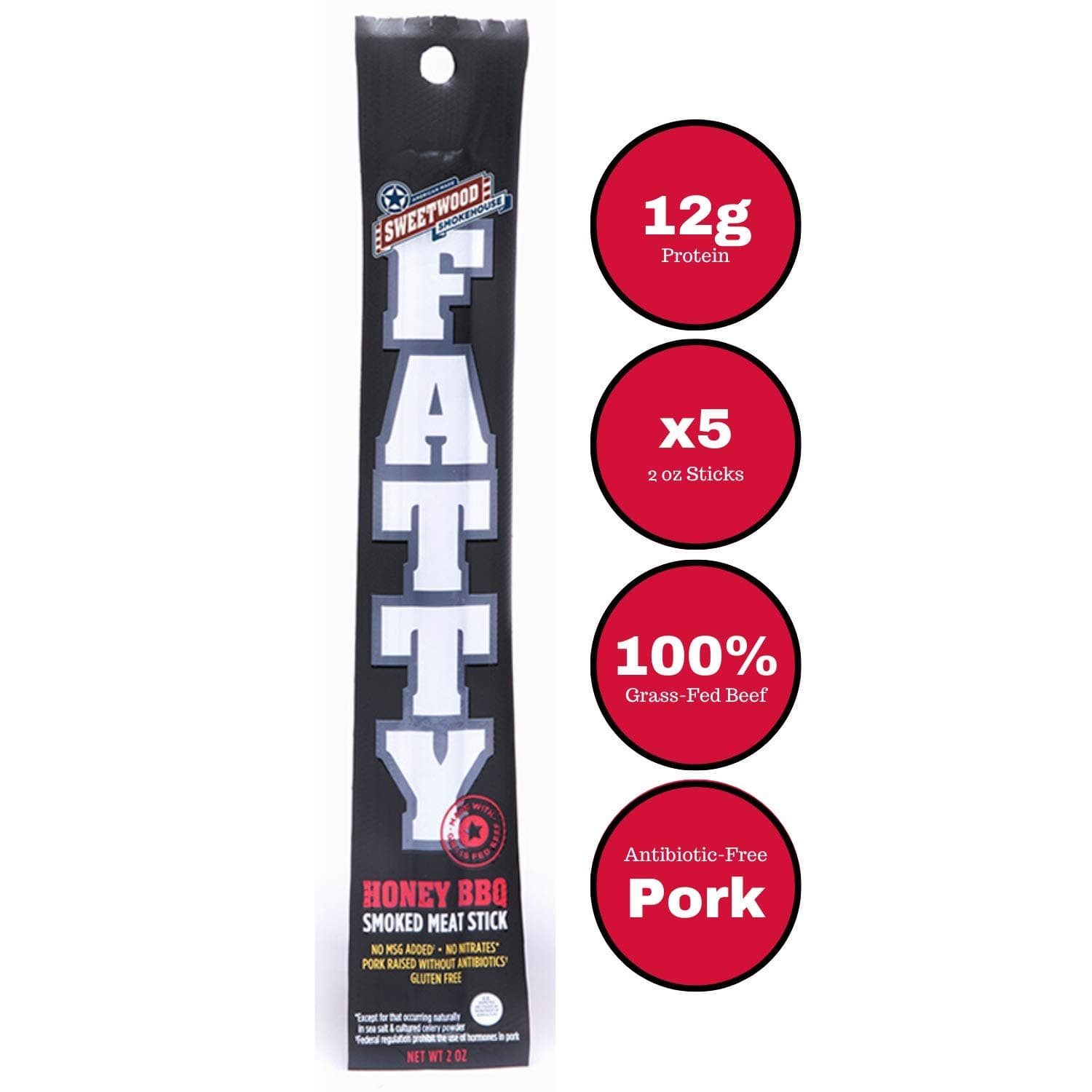 Fatty Meat Stick | Honey BBQ Flavor | 5 Pack | 2 oz Sticks | USA Grass Fed Beef, Antibiotic Free Pork | Paleo, Gluten Free, Slow Smoked Meat Snack | No Nitrites or Added MSG
