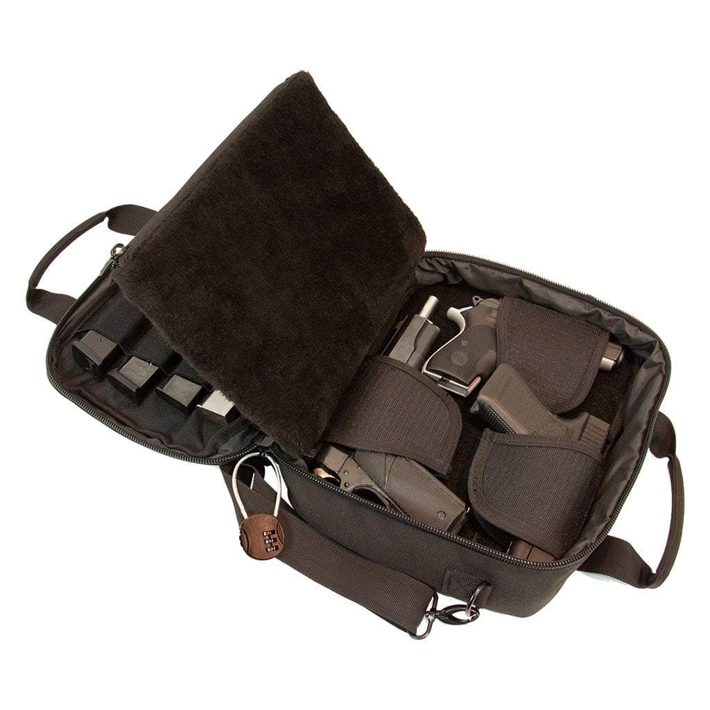 Pistol Case Range Bag for Handguns by FirstChoice - 2 to 4 Gun Padded Tactical Handgun Shooting Soft Case, Lockable Zippers w/Padlock, 3 Mini-Holsters, 8 Mag Slots, 4 Pockets, Range Mat (Black)