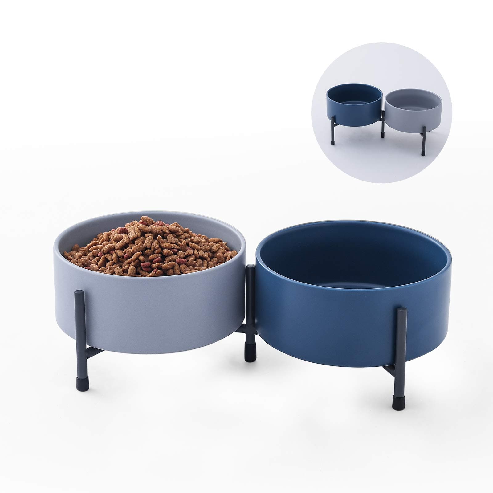 OMAYKEY32 oz Ceramic Dog Cat Bowl Set of 2 with Elevated Metal Stand - 6 Inch Ceramic Round Pet Food and Water Feeder Bowl Dish for Cats & Dogs - Blue & Grey