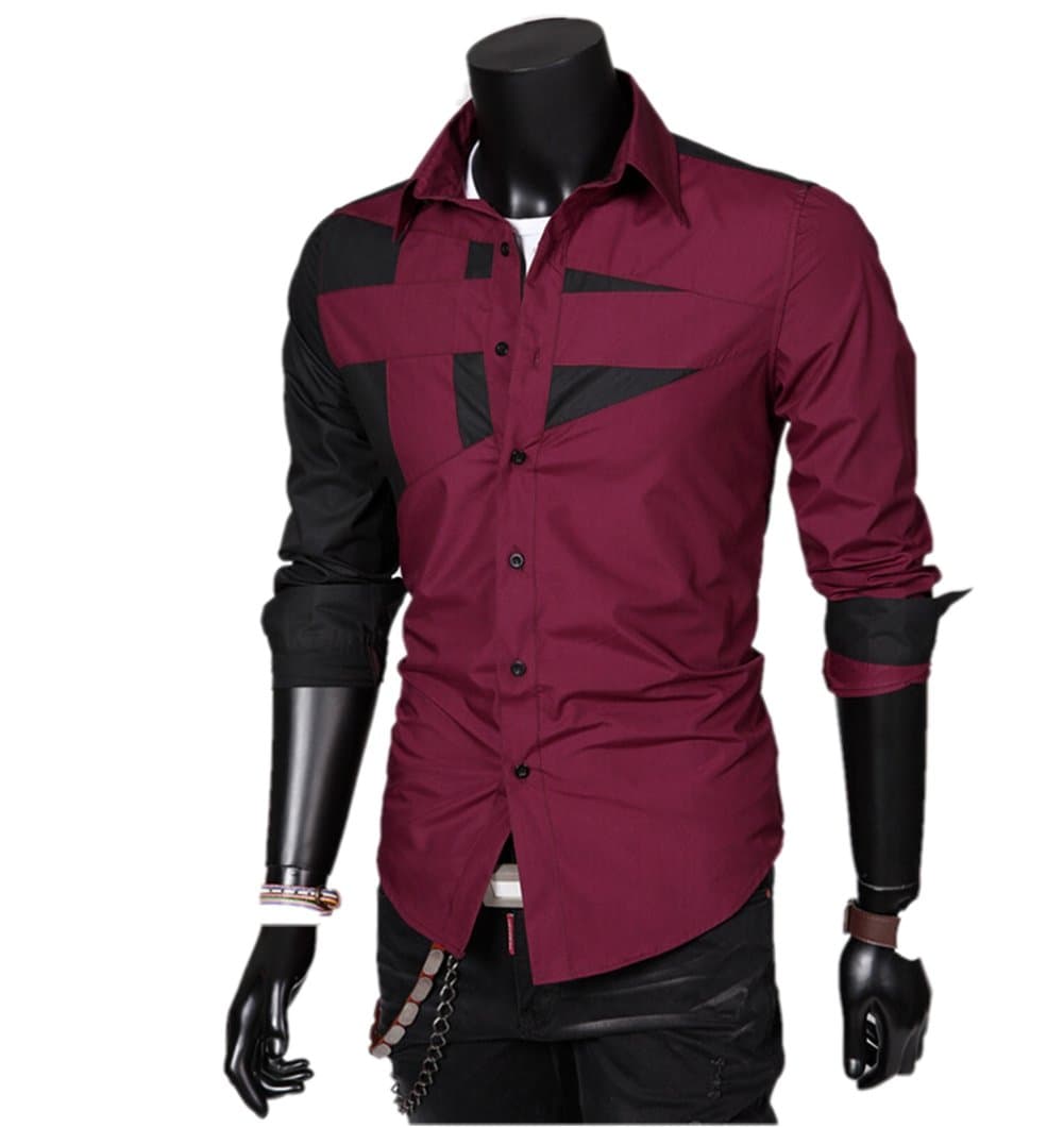 Men's Colorblock Long Sleeve Shirt (Red, Small)