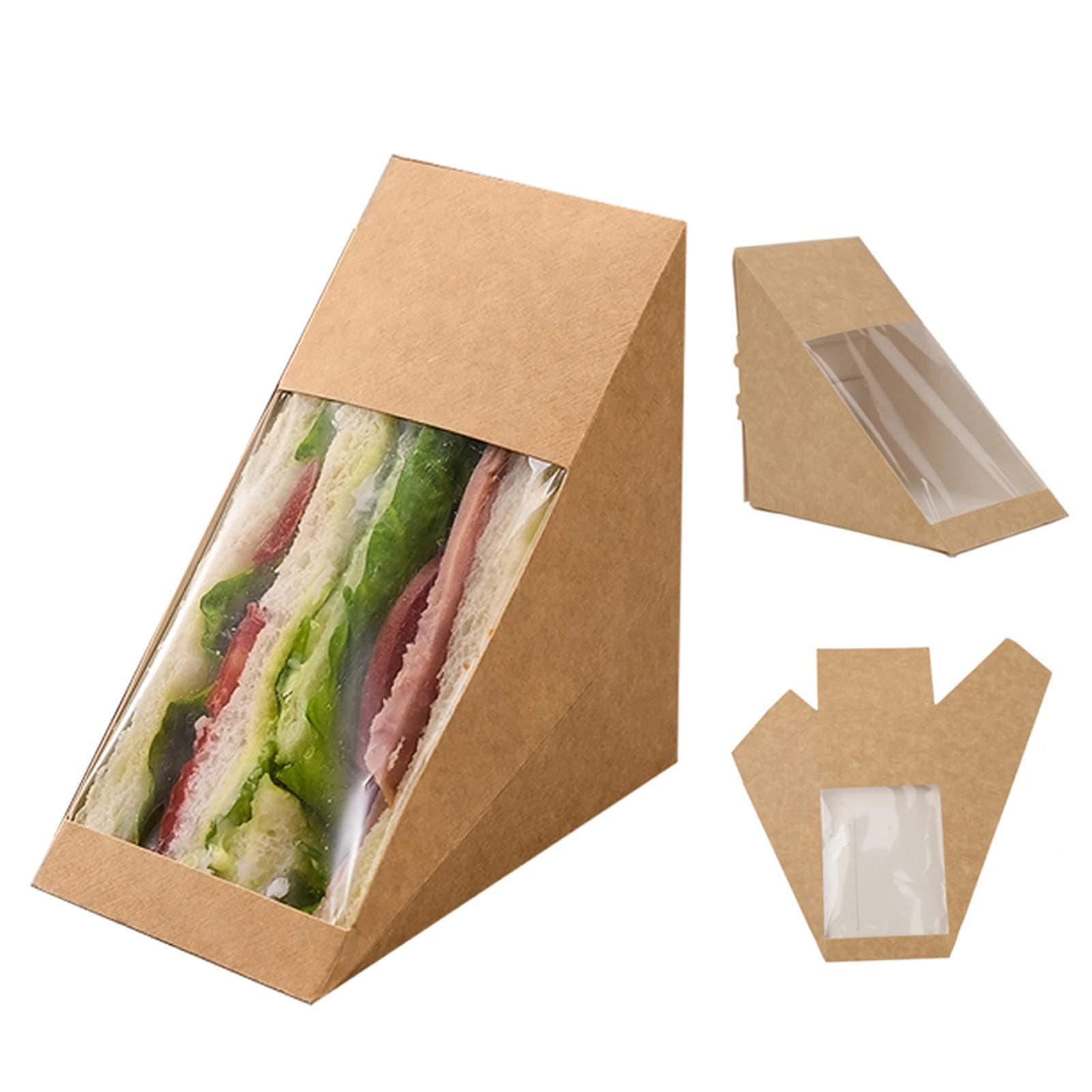 Leepro 50 pcs Triangle Sandwich Boxes with Window, Kraft Paper Sandwich Wedge Box with a Large Window Display Food Packaging Takeaway Boxes for Bakery, Catering, Restaurant (4.8x4.8x2.95", Brown)