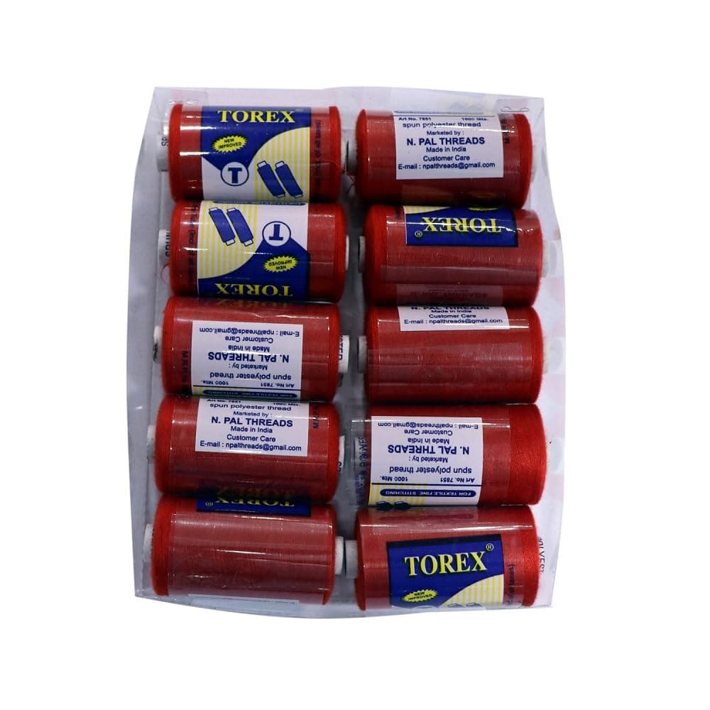TOREX� 3 PLY Polyester Sewing Thread Box (1000 Meters Each- Set of 10 Tubes) -10 Shades of Multcolour (Dark Shade) Thread Spools (RED 3)