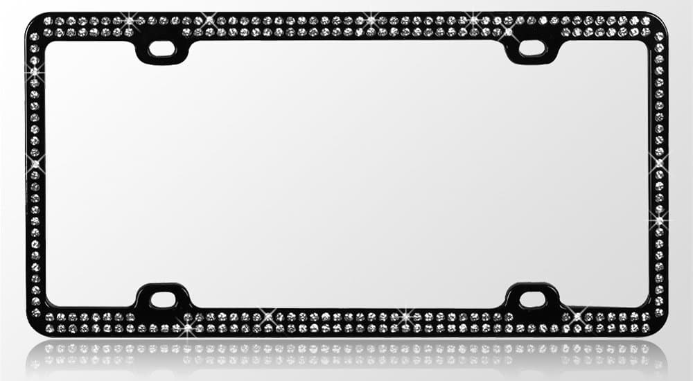 Black Metal Car License Plate Frame with Double Row Clear Crystals Stones