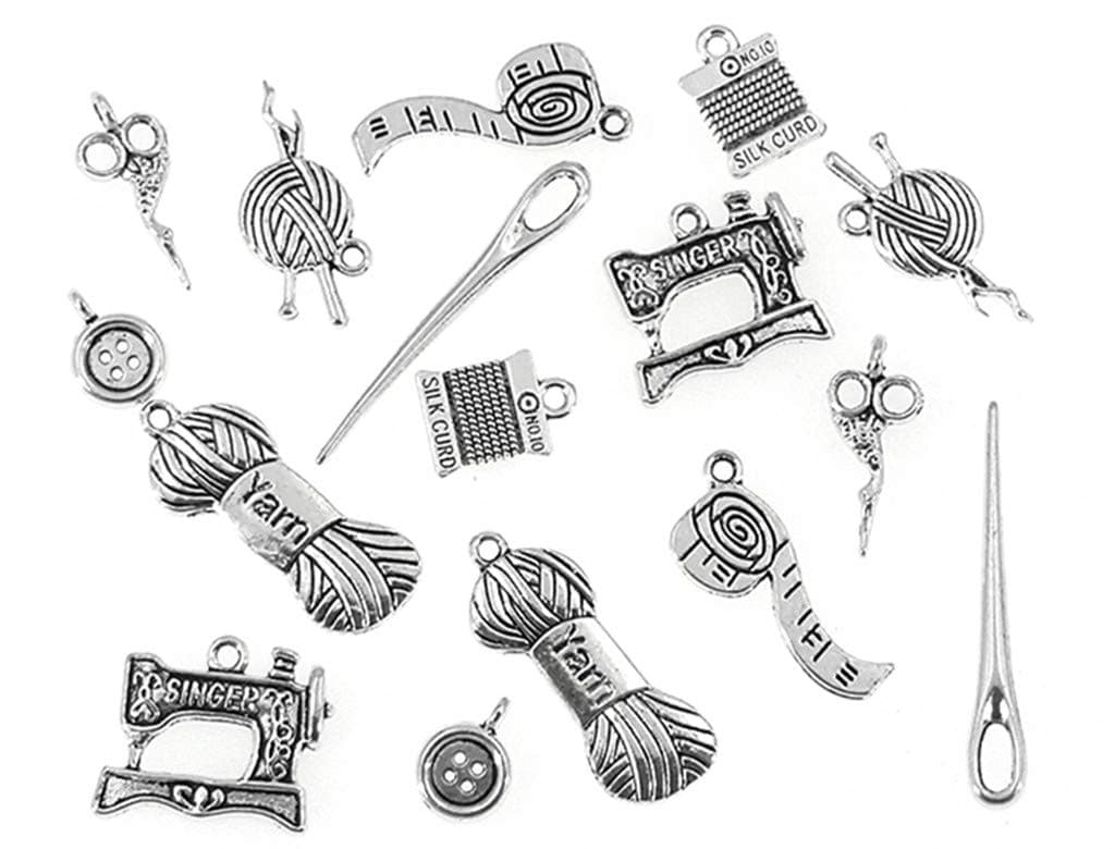 Kinteshun Sewing Charms,Scissor Pipe Yarn Clew Button Sewing Machine Knitting Charm Pendant Connector for DIY Jewelry Making Findings(16pcs,Silver)