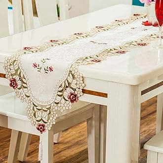 LeLehome 15 Inch X 58 Inch Classic Beige Table Runner, Flowers Embroidered Red Rose Lace Floral Washable Dresser Dining Table Top