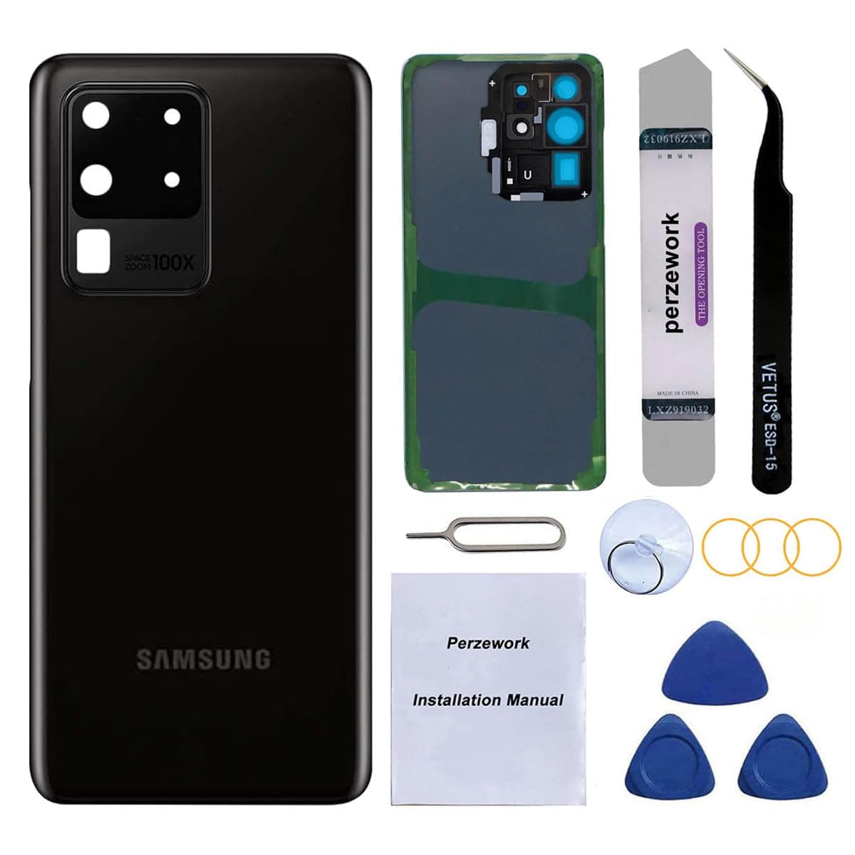 Back Glass Replacement for Samsung Galaxy S20 Ultra with Reparing Tool kit (Cosmic Black)