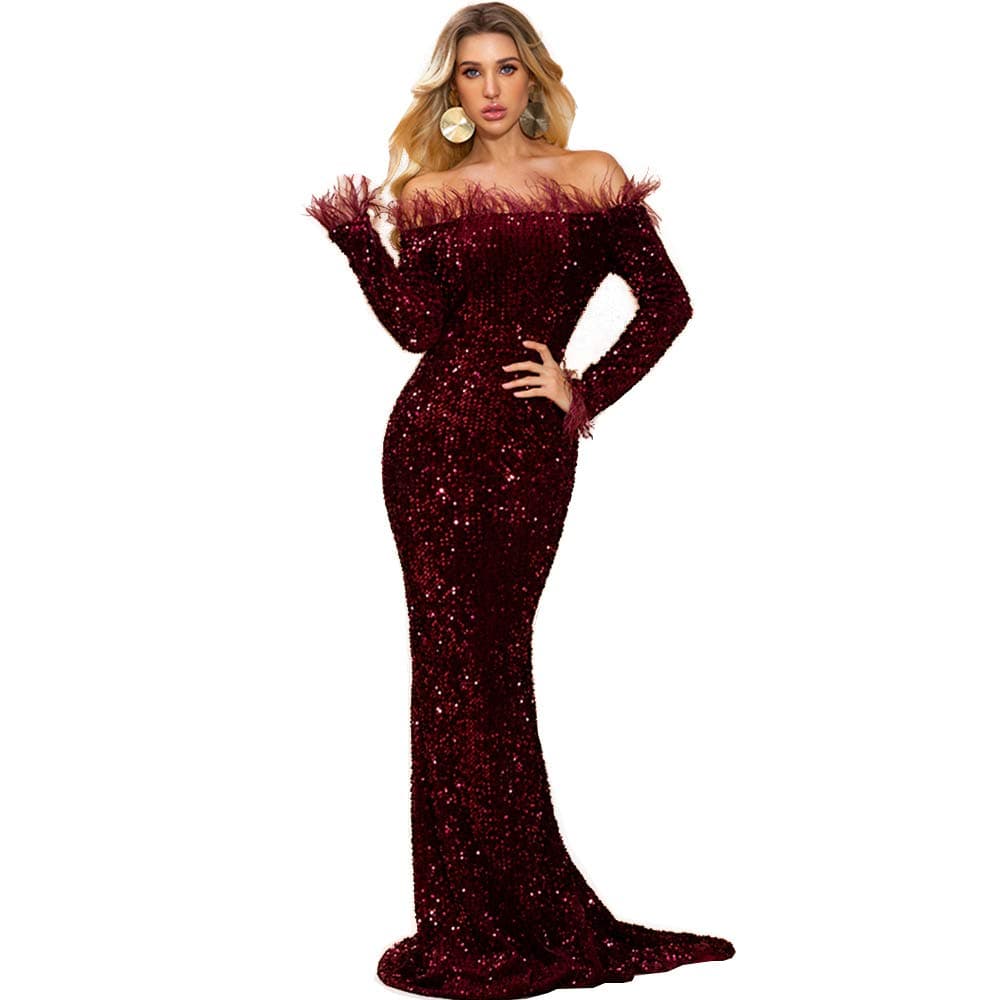 Lin Lin Q Sexy Off Shoulder Feather Long Sleeve Sequin Floor Length Evening Maxi Dress