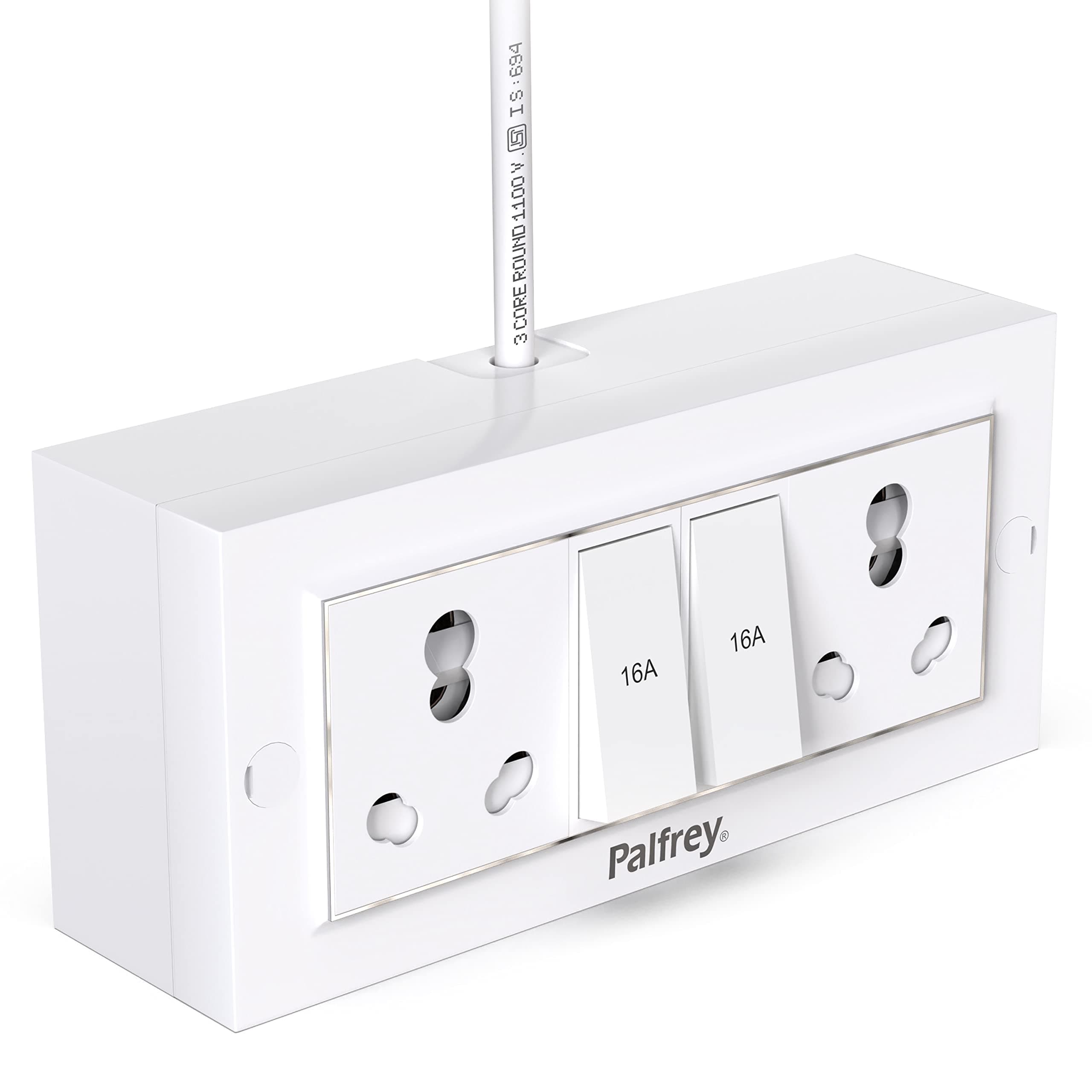 Palfrey Electric Extension Board - 16A/20A + 16A/20A with Two Switch and Heavy Duty 10 Meter Wire (2200W) (White)