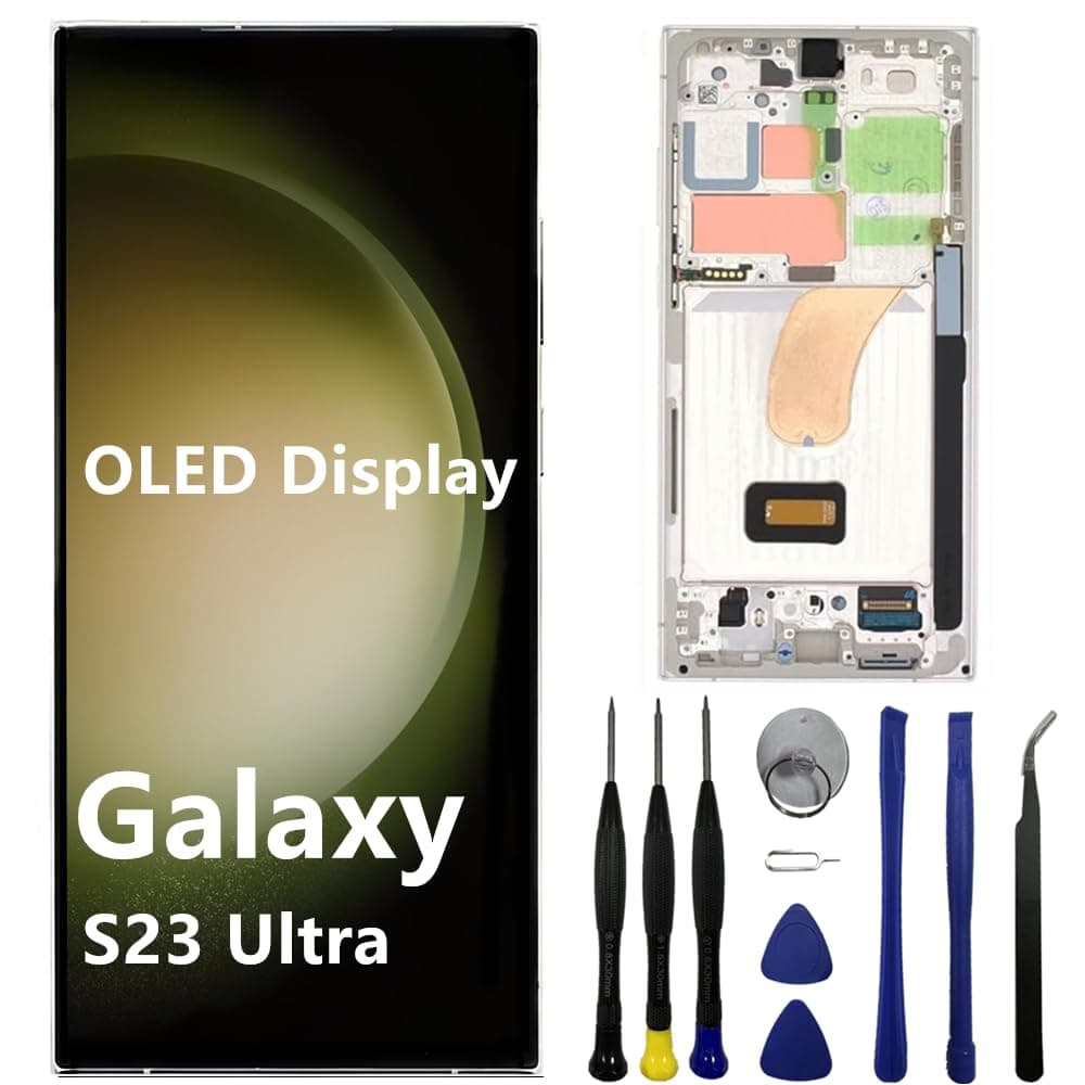 OLED for Samsung Galaxy S23 Ultra Screen Replacement S23ultra 5G S918U S918B/DS S918U1 S918W S918E LCD Display Touch Screen Digitizer Assembly Support Fingerprint and S-Pen (with White Frame+Tools)