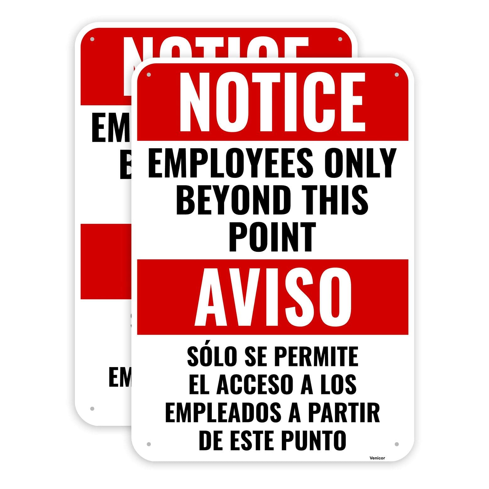 Venicor 2PC Employees Only Beyond This Point Sign Bilingual, 10 x 7 Inches - Aluminum - No Customers Allowed In Work Area Sign For Door
