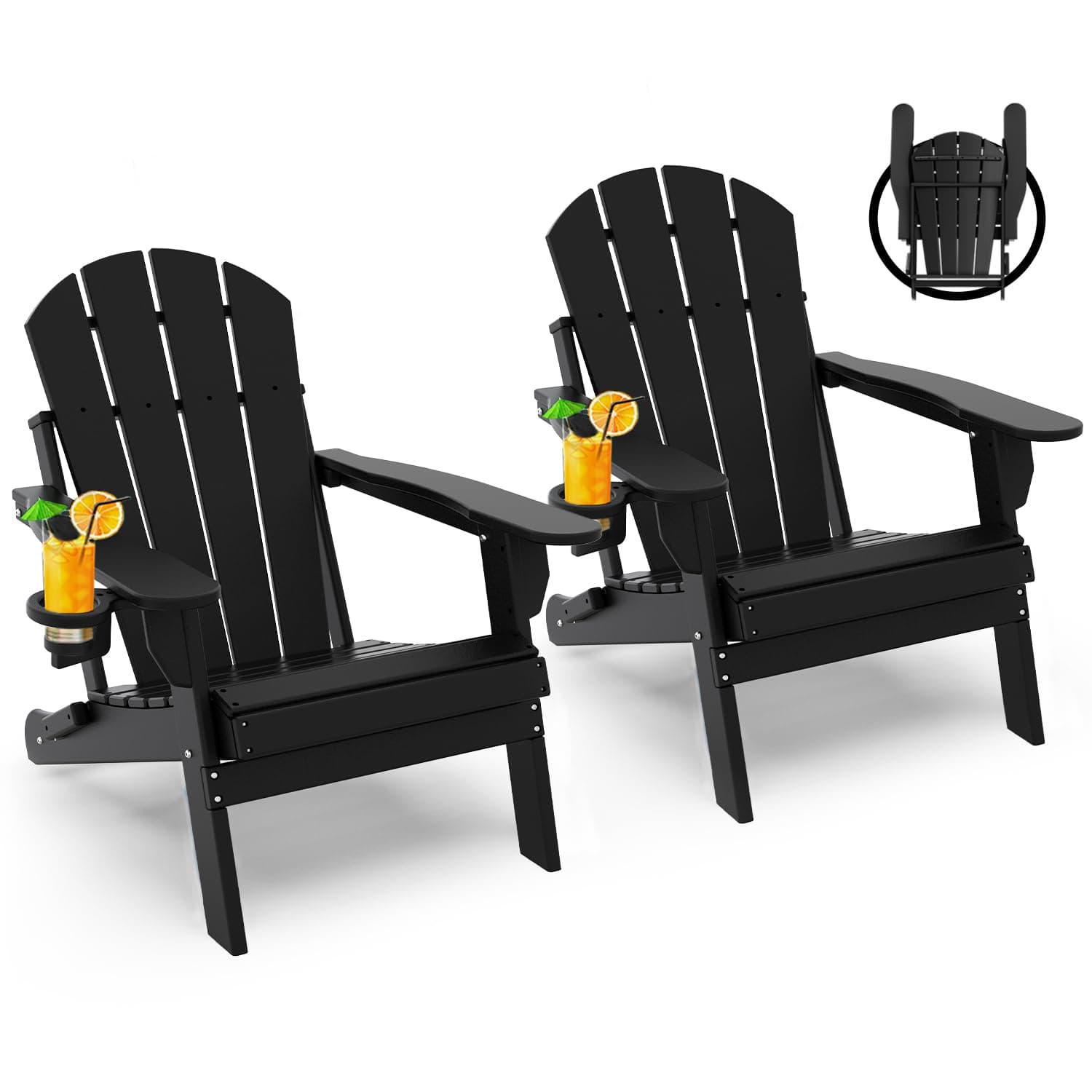 GREENVINES Folding-Adirondack-Chairs-Set-of-2 | HDPE Plastic | Fire Pit Chair | All Weather | Cup Holder | Black | for Deck Backyard Patio Outdoor Garden