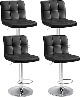 Sweetcrispy Bar Stools Set of 4, PU Leather Adjustable Swivel Barstools, Armless Hydraulic Kitchen Counter Height Bar Stools, Thickened Seat Cushion Square Island Barstools with Back, Black