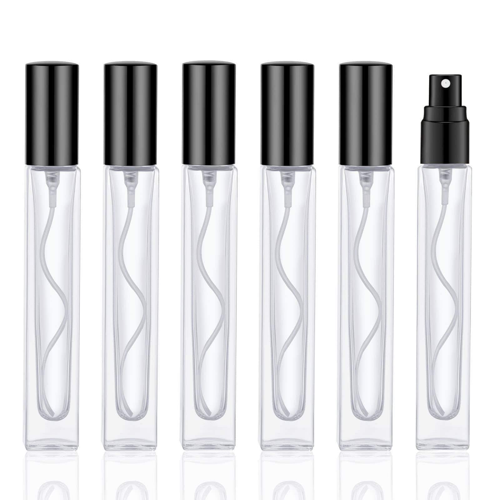 KOIBITO 10ml Glass Perfume Atomizer for Men & Women. Refillable Glass Spray Bottle with Aluminum Pump. Portable Fragrance Bottle for Perfume, Cologne, Moisturizing (6PCS, Black)