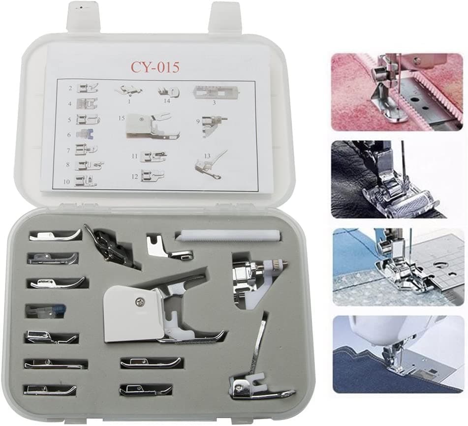 15 Piece Universal Sewing Machine Presser Walking Feet Kit - OEM Suitable for Babylock Janome Brother New Home Singer Kenmore Simplicity Elna Toyota Necchi