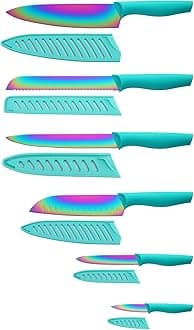 Kitchen Knife Set, KYA37 12-Piece Rainbow Titanium Stainless Steel Boxed Knives Set for Kitchen with Covers, 6 Knives with 6 Blade Guards