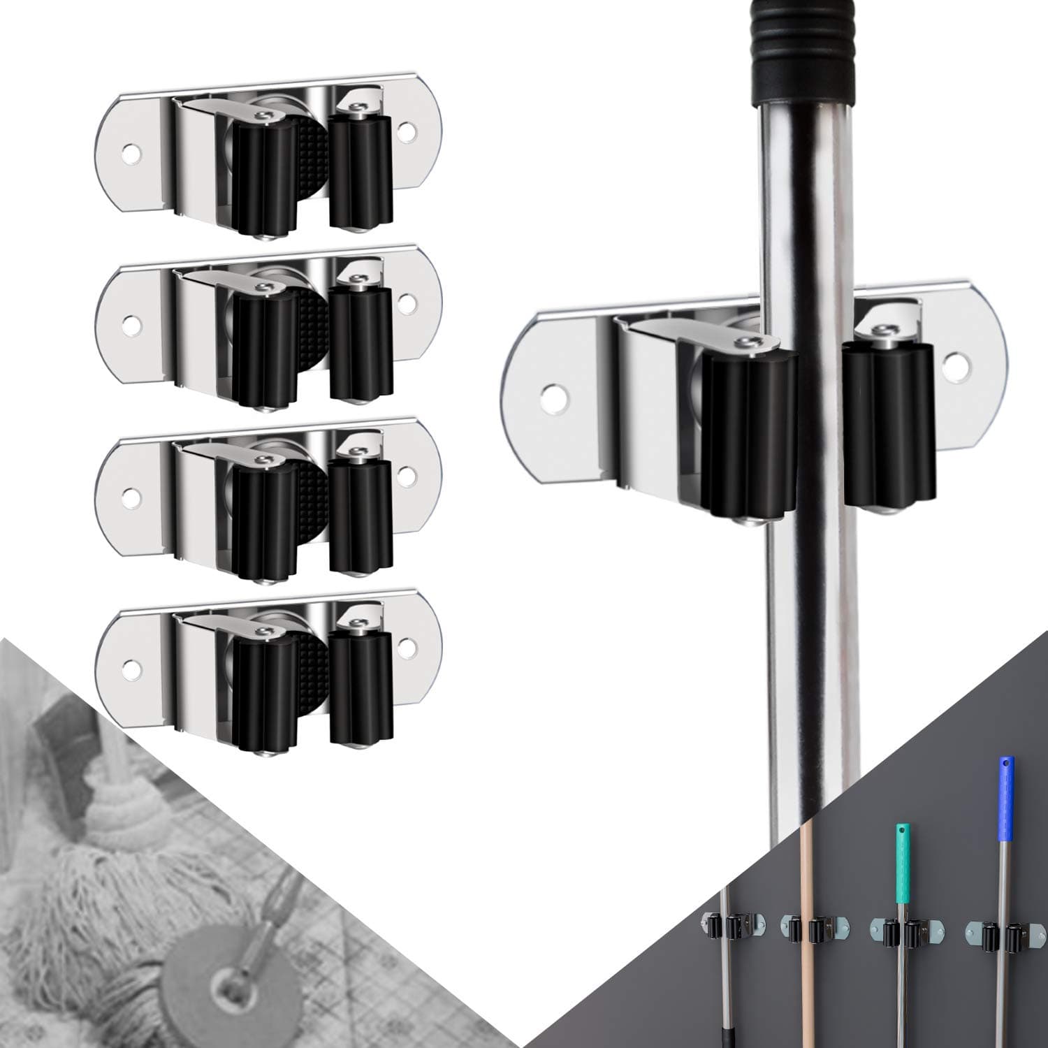 CWOVRS Broom Holder Wall Mount, 4 Pack Mop Holder Stainless Steel Mop and Broom Holder Heavy Duty Broom Hanger Wall Mount for Kitchen Garden Garage etc.