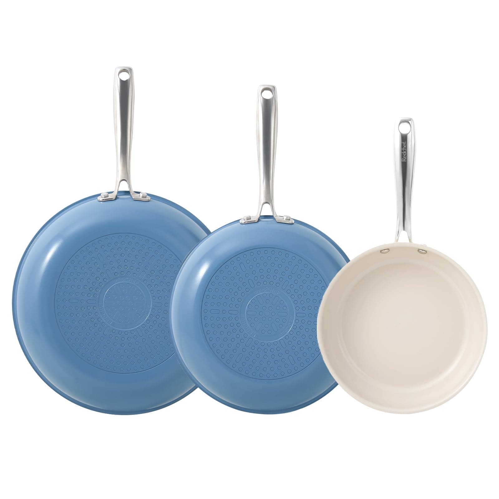 Non Stick Ceramic Frying Pan Set, Non Toxic Ceramic Pans for Cooking, 8" 9.5" 11" Skillet Set, No PFAS & PTFE & PFOA with Stainless Steel Handle, Dishwasher & Oven Safe Max up to 842°F (Blue)