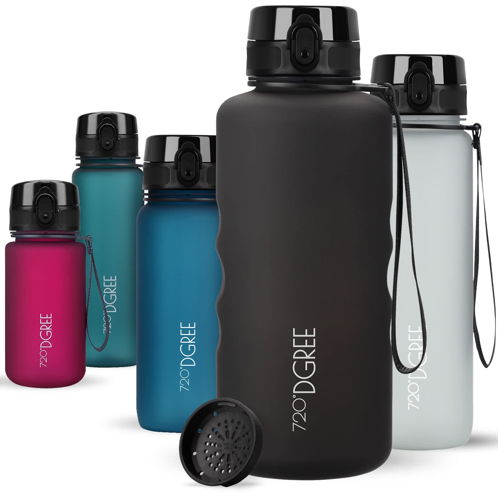 720°DGREE UberBottle 2L + Fruit Sieve Soft Touch BPA-Free Leak-Proof XXL Water Bottle Ideal for Sports, Gym, Hiking, Camping, University, Yoga, Work