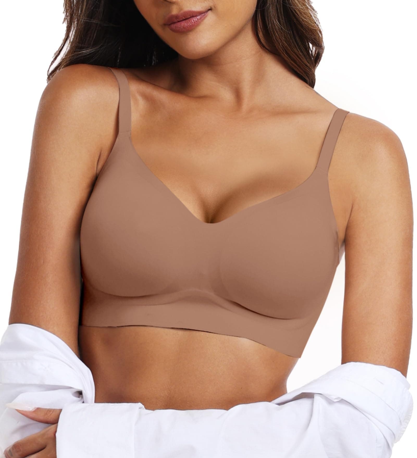 Womens Wireless Jelly Bras Comfortable Push Up Bra No Underwire Gel Bra Full Support Lift Everyday Seamless Tshirt Bras Coffee L