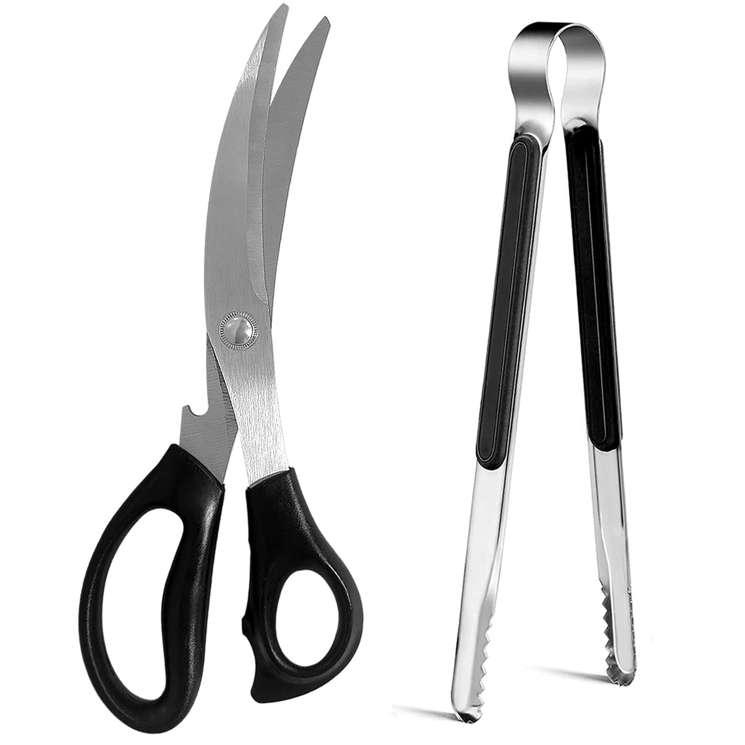 Kitchen Scissors, Korean Barbecue Scissors and Tongs Set,Kitchen Sheras for Meat Cutting, Chicken, Vegetables,Stainless Steel Non-slip Serrated Sharp BBQ Multipurpose Kitchen Sheras Tongs