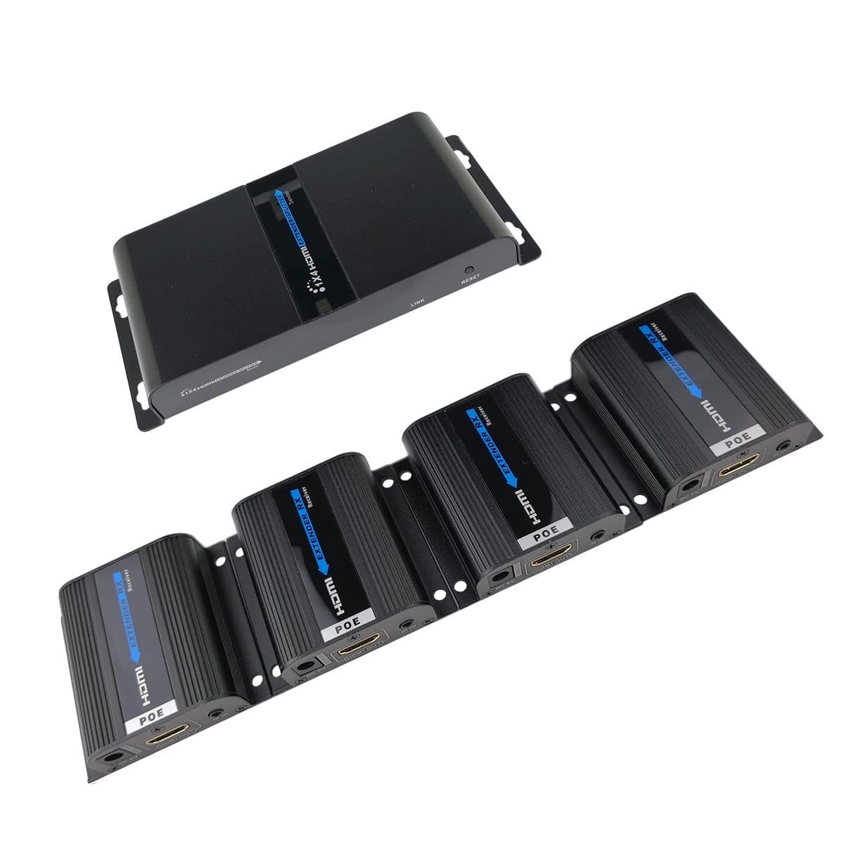 EAZY2HD HDMI Extender Splitter 1x4 over CAT6a/CAT6/CAT7 Ethernet Cable Up to 40m (131ft) at 1080p 60Hz, HDMI Splitter Support IR Remote Control/EDID/POE (1x Transmitter+4x Receiver)