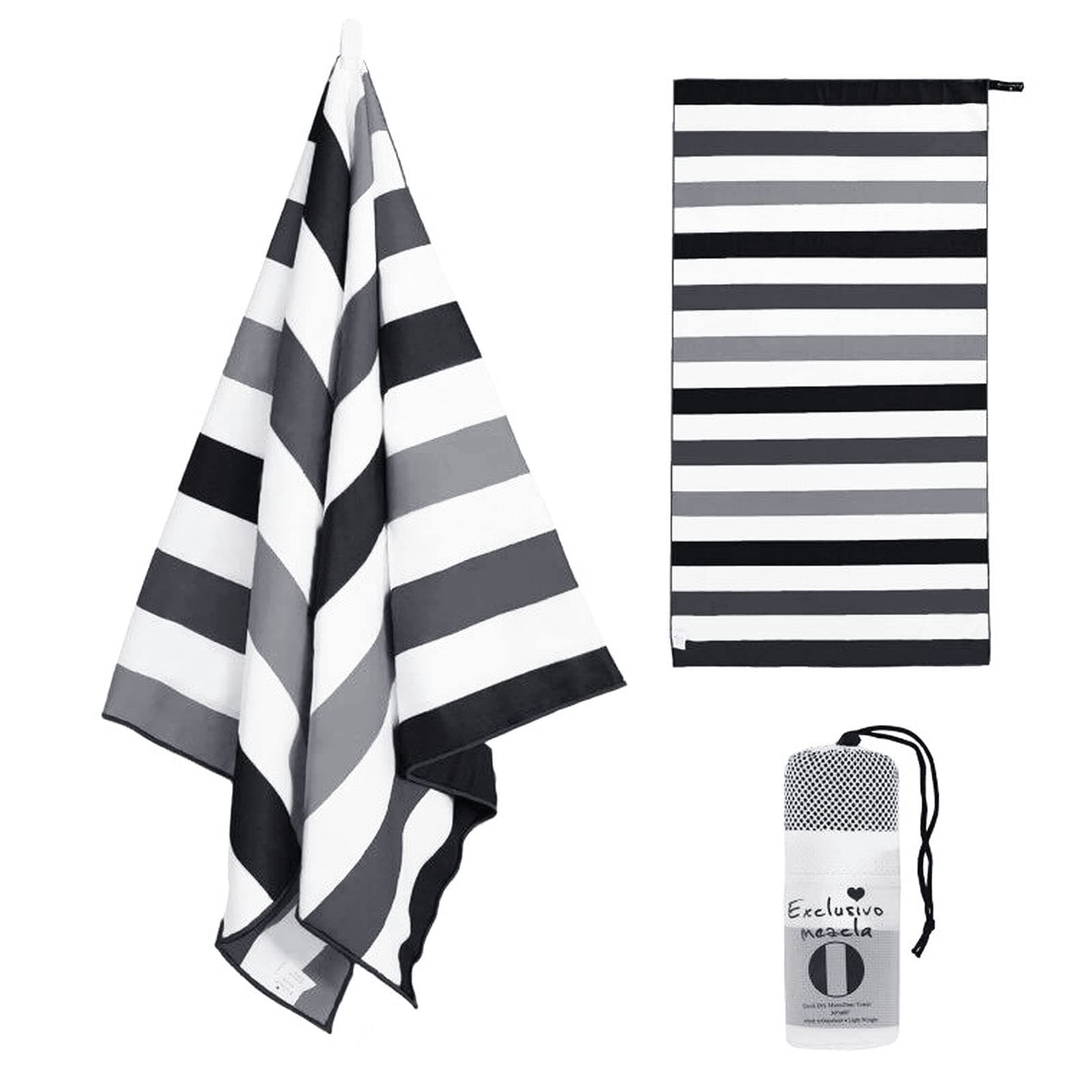 Large Quick Dry Beach Towel, Microfiber Sandfree Cabana Stripe Pool Bath Swim Towel with Bag, Lightweight and Thin (Black, 30x60 Inches)