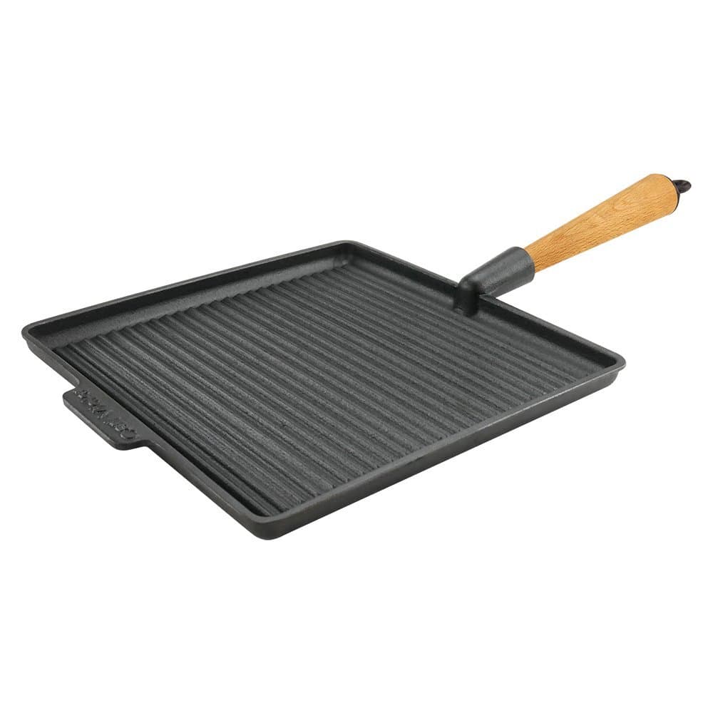 Carl Victor Pre-Seasoned Cast Iron Square Griddle Pan 28cm with Beech Wood Handle, Induction