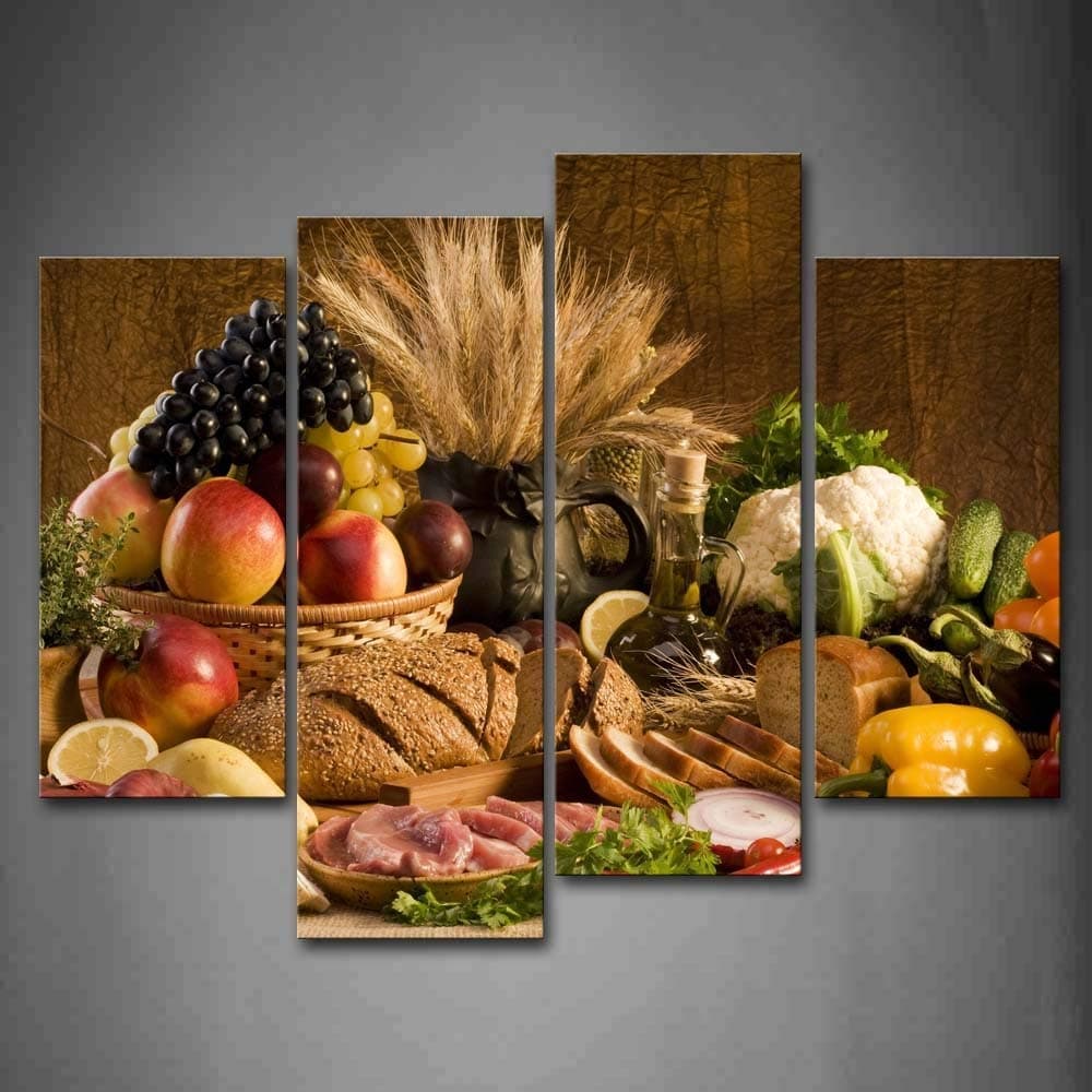 Brown Fresh Food Grape Apple Fruit Basket Bread Onion Tomato Sweet Pepper Cauliflower Wheat Gather Table Wall Art Painting The Picture Print On Canvas Food Pictures For Home Decor Ready To Hang