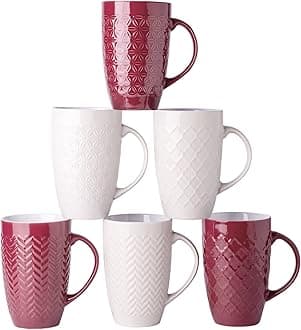 AmorArcLarge Coffee Mugs Set of 6, 20oz Ceramic Tall Coffee Mugs Set with Textured Geometric Patterns for Coffee/Tea/Beer/Hot Cocoa, Dishwasher & Microwave Safe, Beige&Burgundy