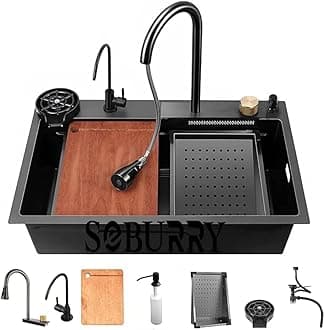 SeBURRY® Luxurious 24x18x9 Inch Anti Scratch Honeycomb Design | Integrated Waterfall and Pull-down Faucet | Stainless Steel 304 | Multifunction Sink | Digital Sink - 1 Pack