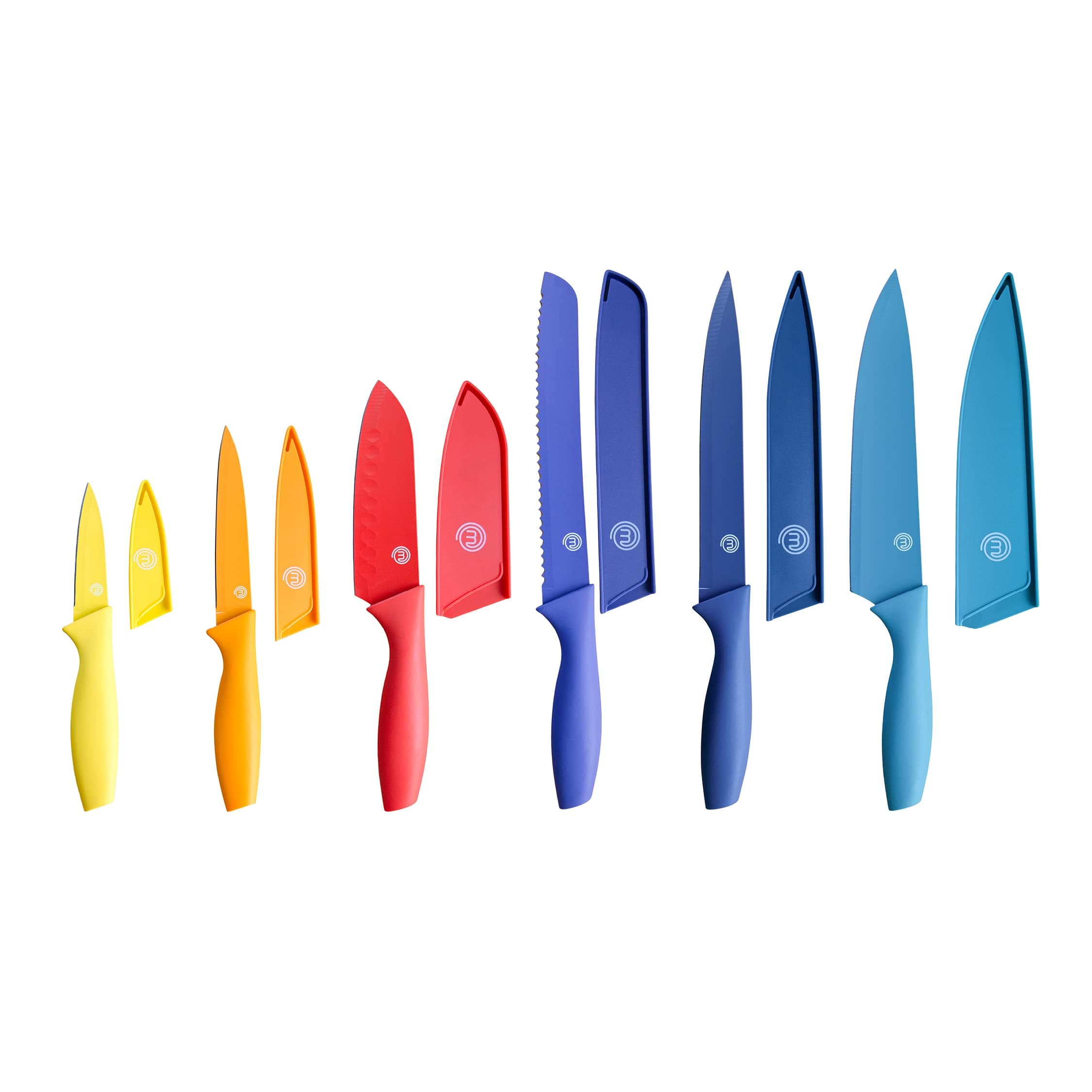 MasterChef Kitchen Knife Set with Covers incl. Paring, Boning, Carving, Bread, Santoku & Chef Knife, Sharp Cutting Stainless Steel Blades with Sheaths, 12 Piece (6 Colored Kitchen Knives & 6 Covers)