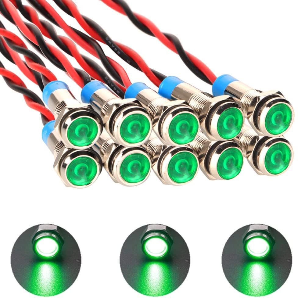 10pcs 6mm 1/4" AC/DC 12-24V LED Metal Indicator Light Pilot Dash Directional with Wire Waterproof Signal Lamp(Green)