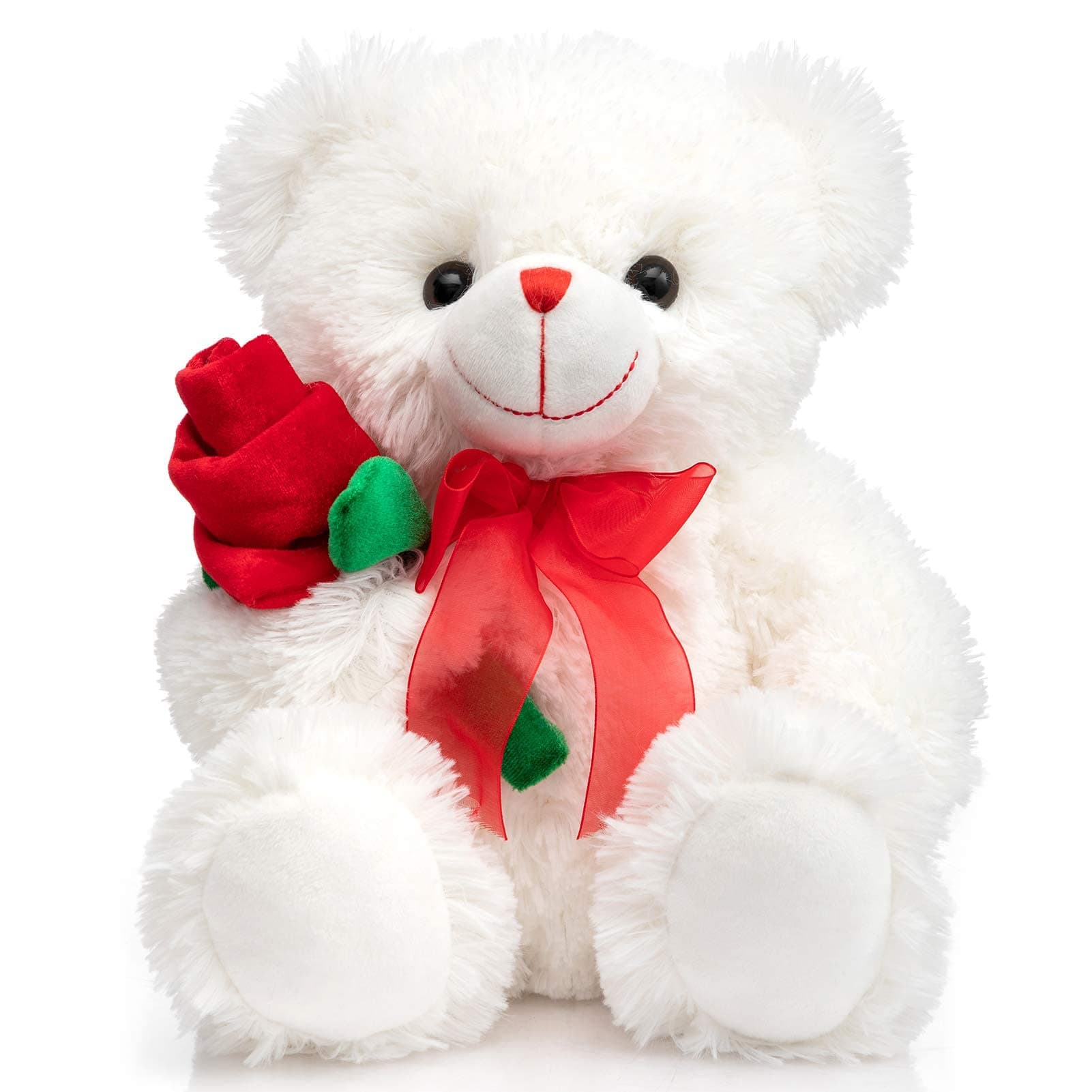– Teddy Bear Stuffed Animal Rose Bear with Red Bow Soft Plush Toy Holiday Valentine's Day 12 Inches White