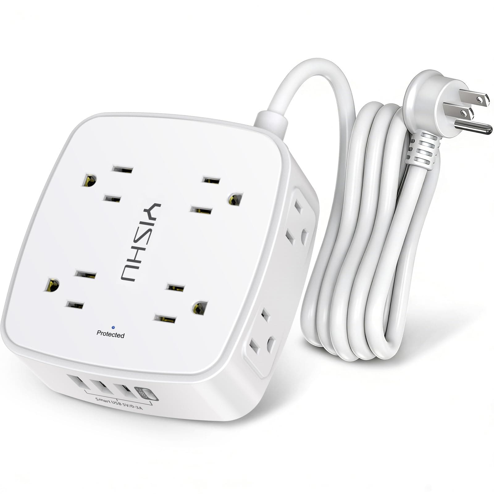 6 Ft Surge Protector Power Strip - 8 Widely Outlets with 4 USB Ports, 3 Side Outlet Extender with 6 Feet Extension Cord, Flat Plug, Wall Mount, Desk USB Charging Station, ETL,White
