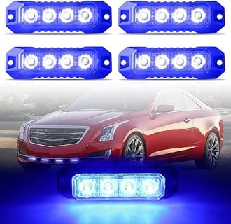 Raryloy 4-LED Surface Mount Strobe Lights for Trucks Car Vehicle Mini Grille Flashing Light Head Emergency Hazard Warning Grill Lamp Ultra Slim 4pcs Sync Feature (Blue)