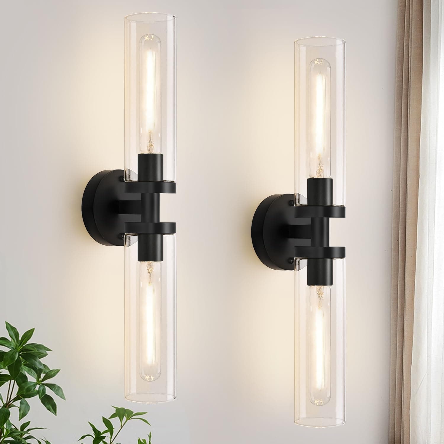 Wall Sconces Set of Two, Hardwired Matte Black Bathroom Sconces Wall Lighting with Clear Glass, Modern Sconces Wall Decor Set of 2 Bathroom Light Fixtures for Mirror Hallway (Bulbs Not Included)