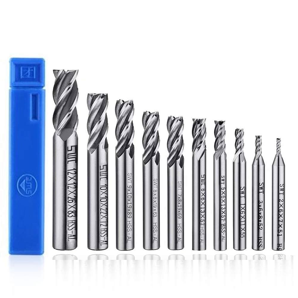 10pcs Milling Bits 4-flute End Mill Bits, HSS CNC Cylindrical Shank Bits Cutter Tool Set for Wood Aluminum Titanium Steel, 2/3/4/5/6/7/8/9/10/12mm