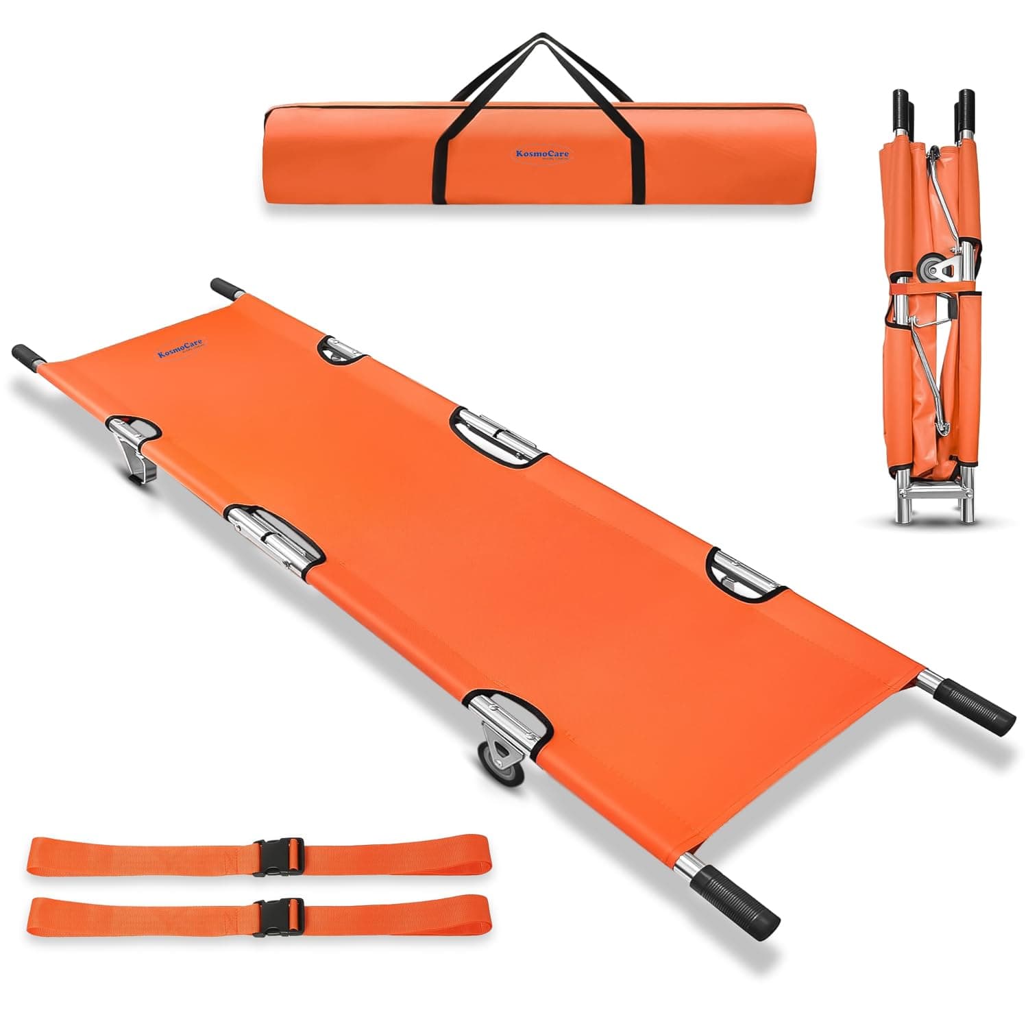 Foldable Stretcher with Aluminum Frame & Castors |Load Capacity 159kg |Waterproof PVC Sheet |Safety Belts & Rubber Handles |Portable Emergency Stretcher for Patient Shifting & Hospital Use