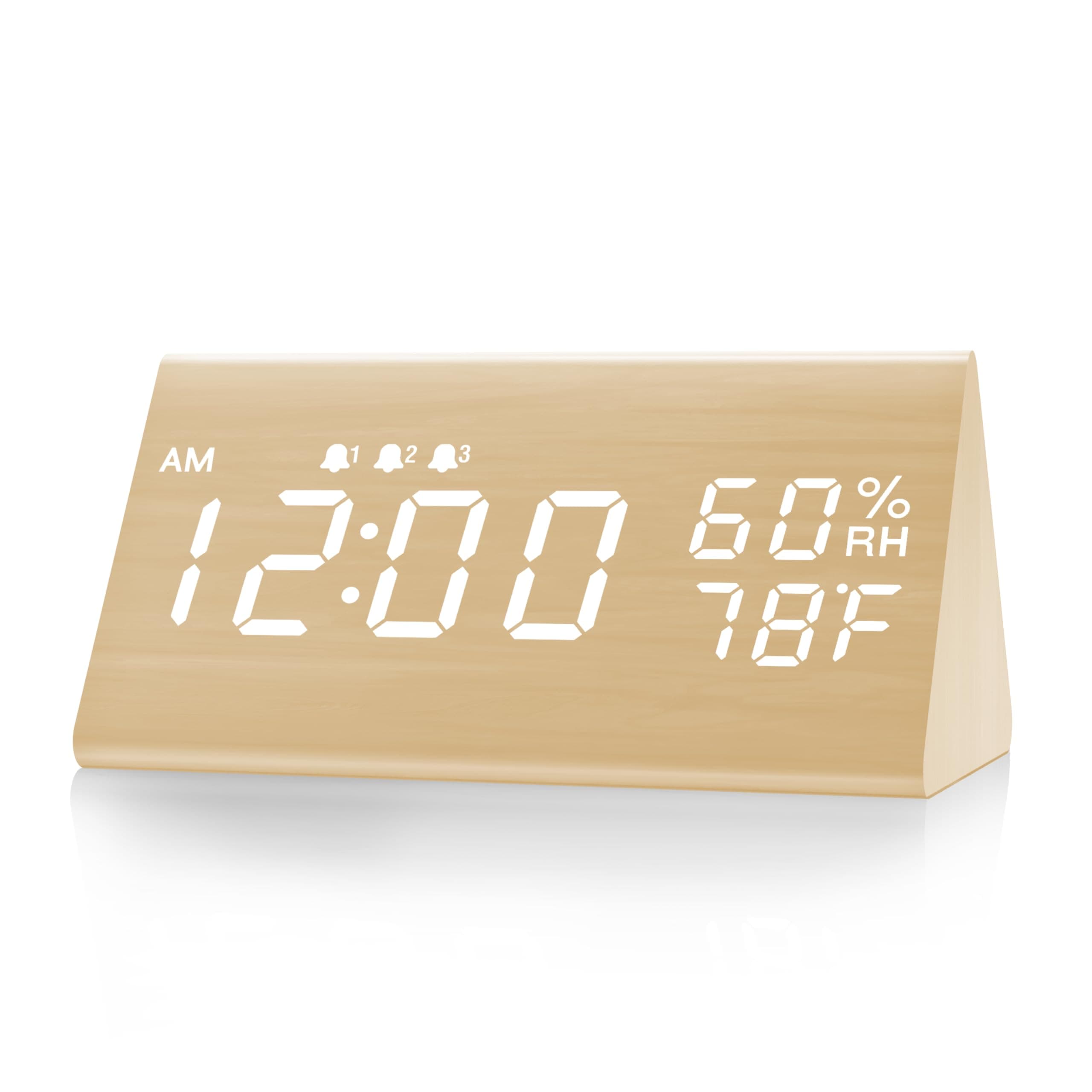 Digital Alarm Clock, with Wooden Electronic LED Time Display, 3 Alarm Settings, Humidity & Temperature Detect, Wood Made Electric Clocks for Bedroom, Bedside (Yellow)