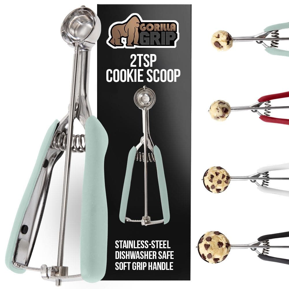 Gorilla Grip Stainless Steel Cookie Scoop for Baking, 2 TSP, Multipurpose Melon Baller, Meatball Spring Scoops, Perfect Portion Sizes, Easy Food Release, Scooper Size 100, BPA-Free Kitchen Tool, Mint