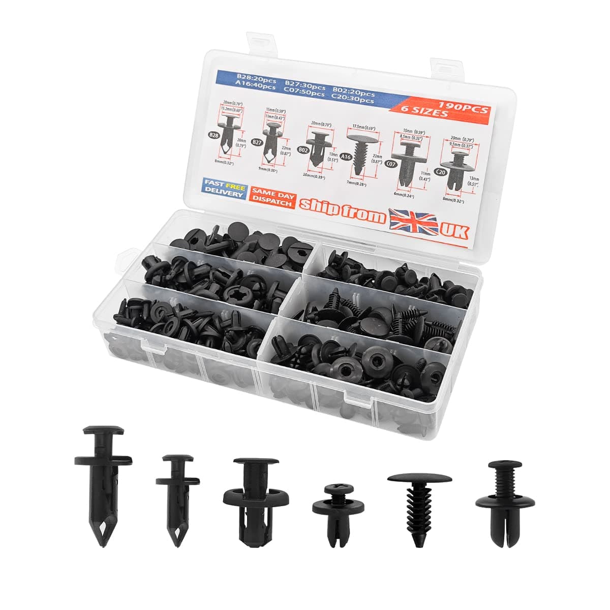 190Pcs Car Fixing Clip Kit, Car Plastic Rivets, Body Trim Clips, Bumper Protection Retainers, Car Push Fastening Clips in a Box, Contains 6 Regular Sizes, Universal for Most Vehicles