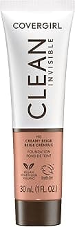 COVERGIRL Clean Invisible Foundation Makeup, Dewy & Glowy Natural Finish, Buildable Coverage, Skin-Like Smooth Look, Vegan, Creamy Beige, 1oz