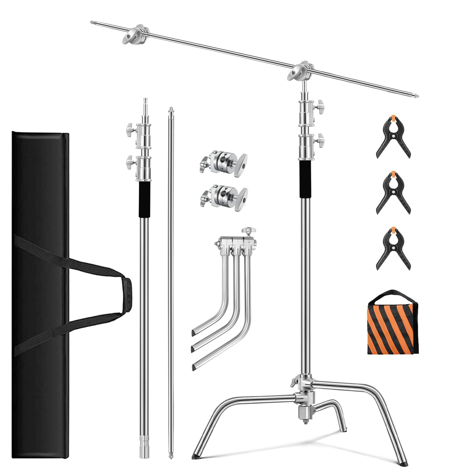 Heavy Duty C Stand 10.8ft/330cm with Boom Arm 100% Stainless Steel Photography Sturdy C-Stand with Carry Bag Sandbag 3*Clip 2*Grip Head for Photography Studio Video Monolight Softbox Shooting