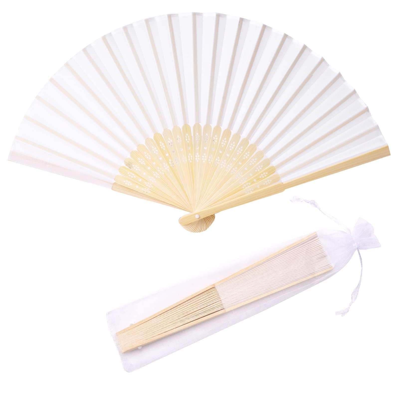 NOSKIN 12 Pack Imitated Silk Hand Fan Imitated Silk Fabric Bamboo Handheld Folded Fan Bridal Dancing Props Church Wedding Party Favors with Gift Bags (White)