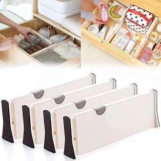 House of Quirk Plastic Drawer Dividers Organizer 4 Pack, Adjustable Separators 4" High Expandable From 11-17" For Bedroom, Bathroom, Closet, Clothing, Office, Kitchen Storage (4Pack), Black