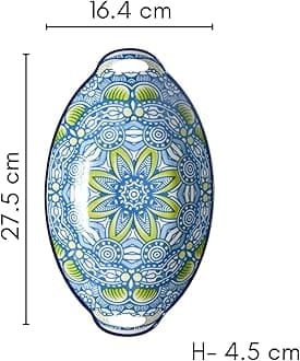 Nestasia Set of 2 Blue and Green Mandala Art Ceramic Long Dish with Handles for Serving Snacks, Appetizers, Salads, and Noodles | Microwave Safe, Dishwasher Safe (10.8 Inch)