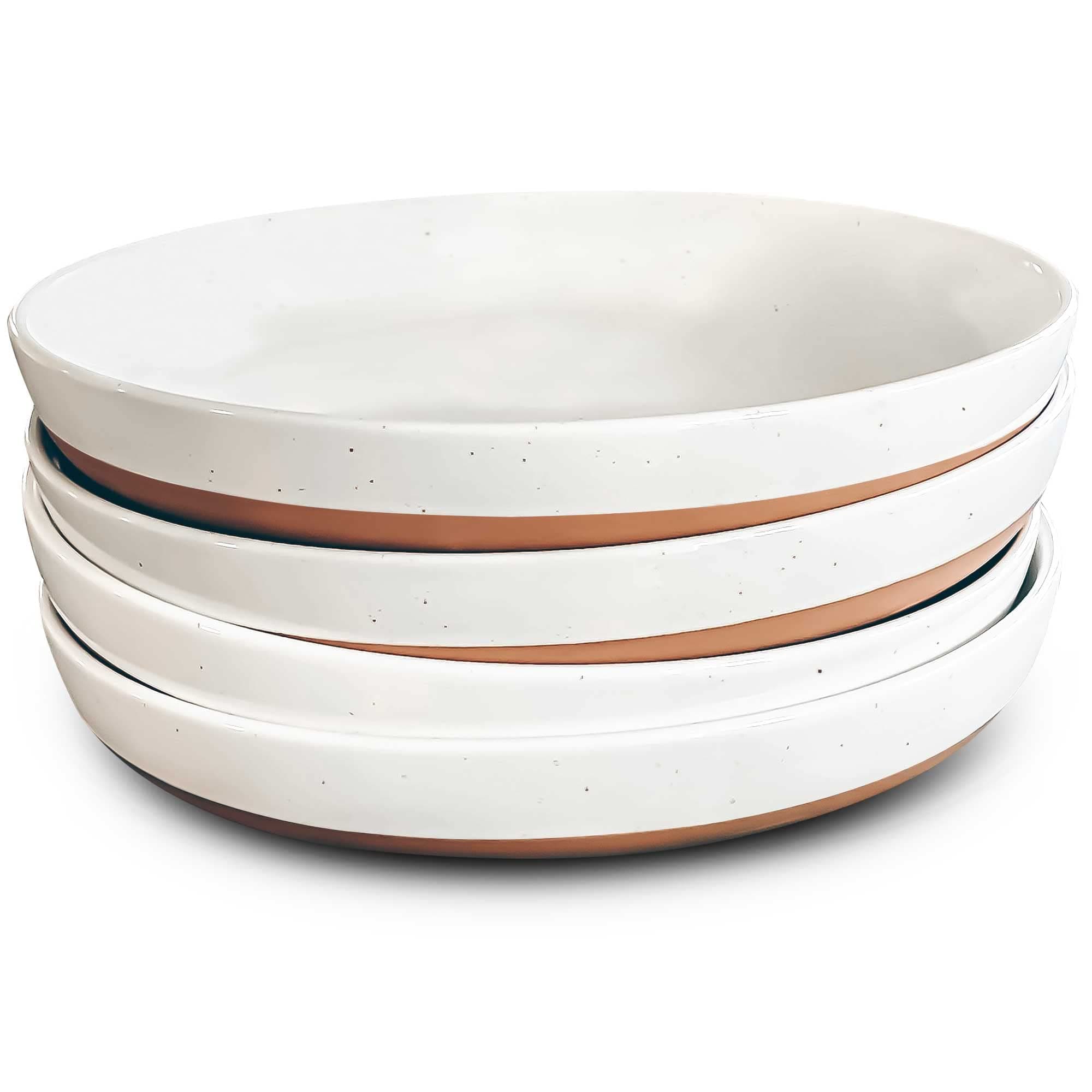 Ceramic Flat Pasta Bowl Set of 4-35oz, Microwave Safe Plate with High Edge - Modern Porcelain Dinnerware for Kitchen and Eating, Large Wide Bowls/Plates for Serving Dinner, Salad, etc- Vanilla