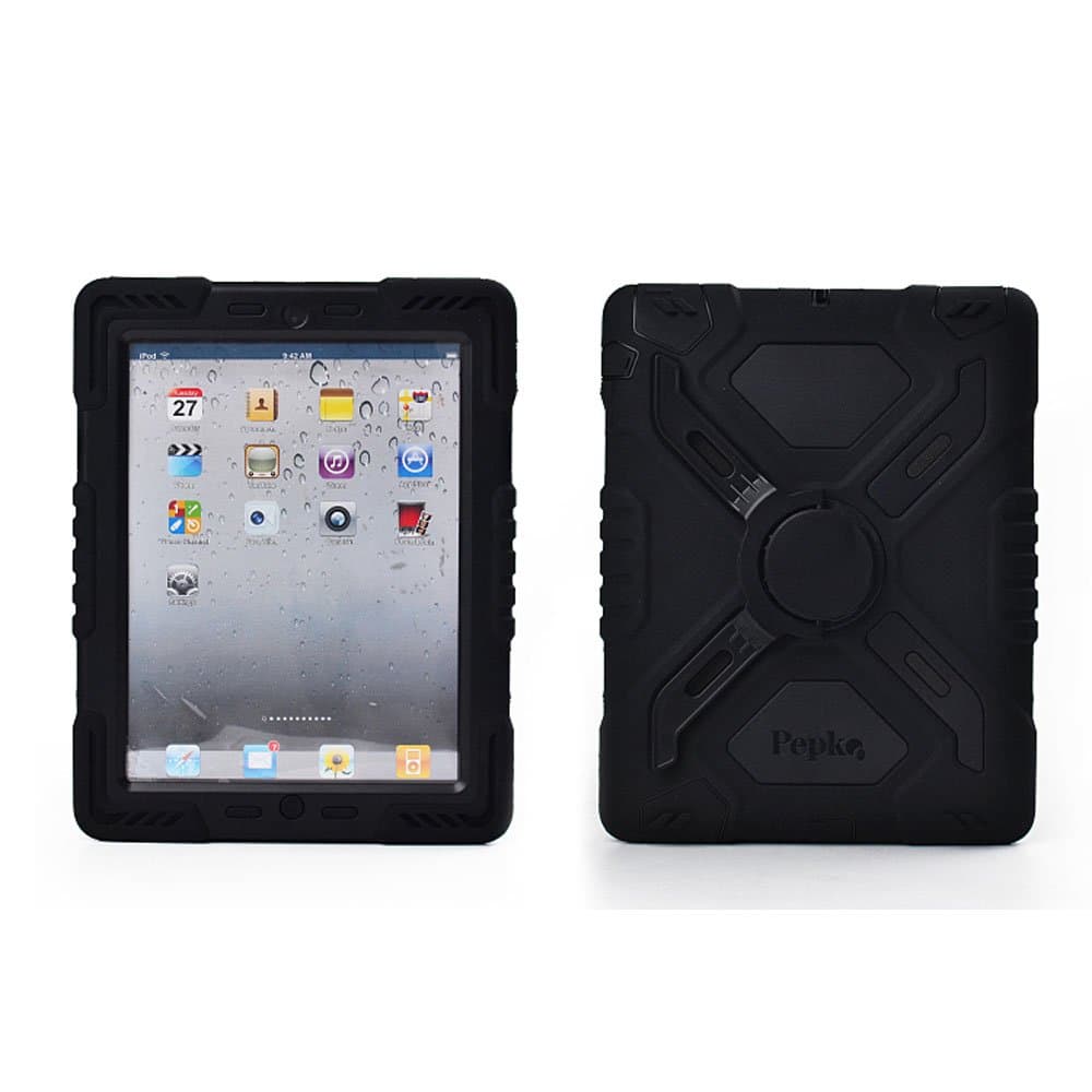 Hot Newest Ipad 5 / Ipad Air Case Silicone Plastic Kid Proof Extreme Duty Dual Protective Back Cover with Kickstand and Sticker for Ipad 5 / Ipad Air - Rainproof Sandproof Dust-proof Shockproof (Black)