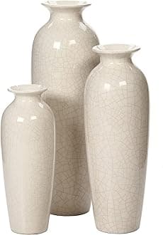 Hosley Set of 3 Crackle Ivory Ceramic Vases. Ideal Gift for Floral Arrangements Wedding or Special Occasions for Use in Home Office Decor Spa Aromatherapy Settings